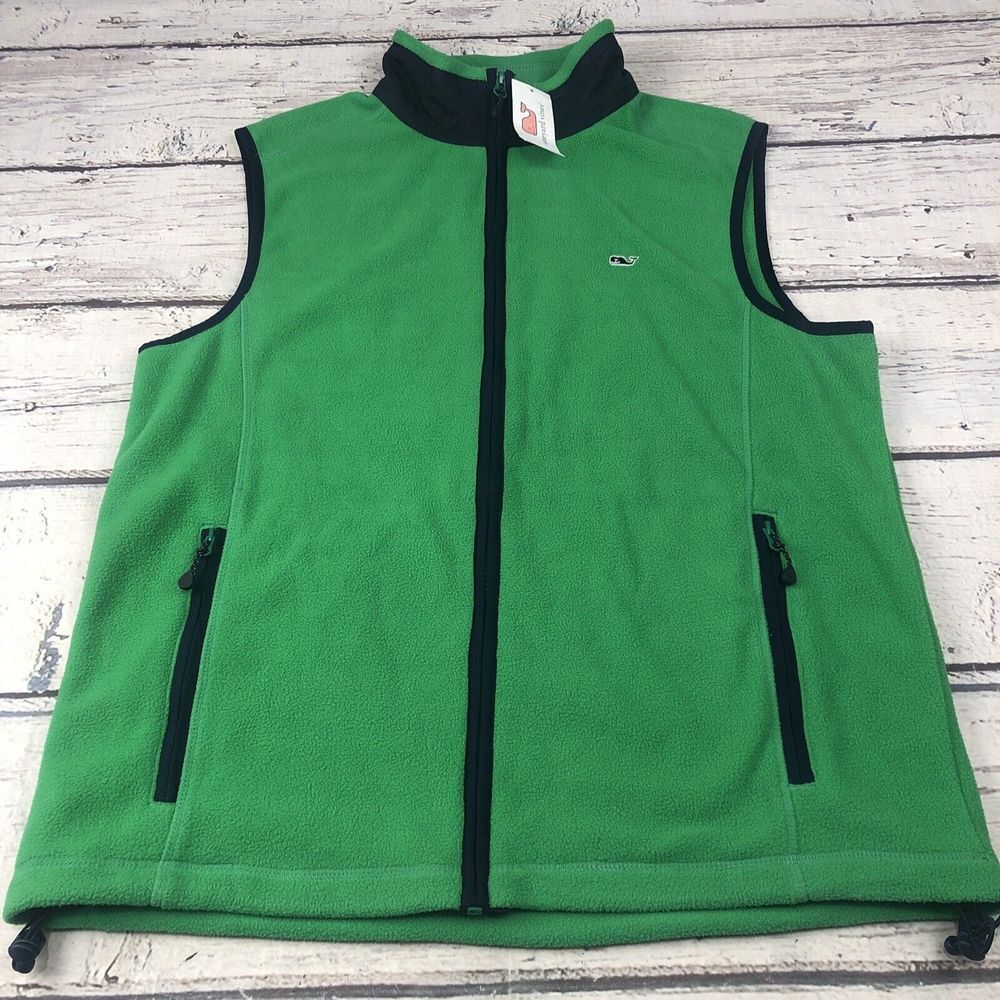 New Vineyard Vines Harbor Fleece Vest Logo Fern Green Small Full Zip NWT - Picture 1 of 11